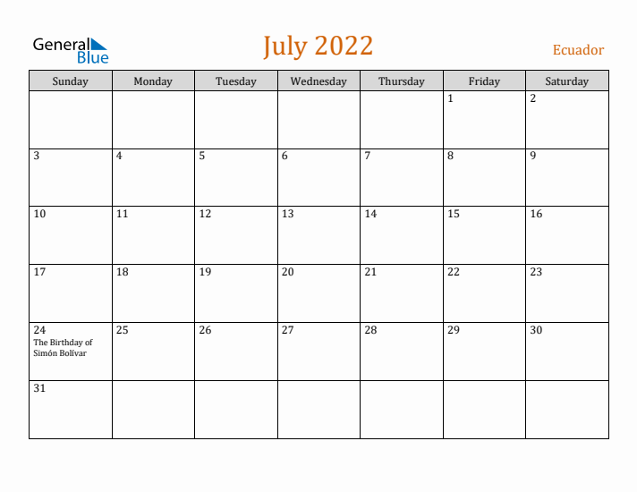 July 2022 Holiday Calendar with Sunday Start