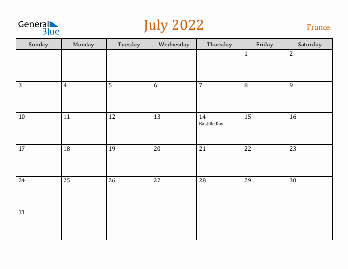 July 2022 Holiday Calendar with Sunday Start