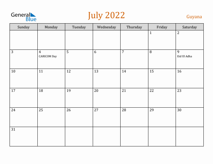 July 2022 Holiday Calendar with Sunday Start