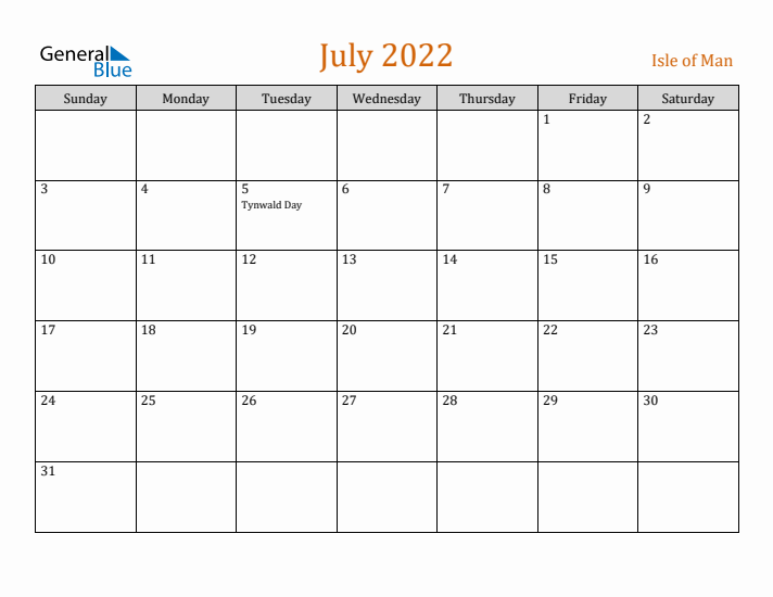 July 2022 Holiday Calendar with Sunday Start