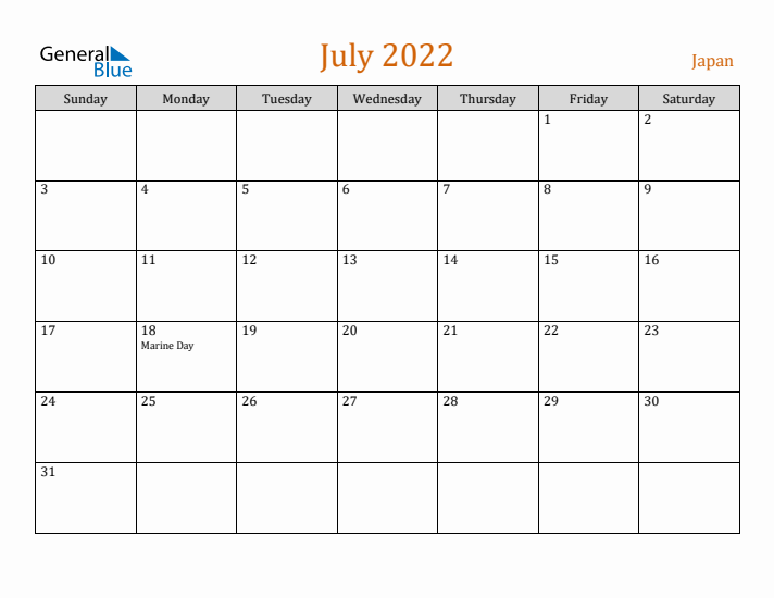 July 2022 Holiday Calendar with Sunday Start