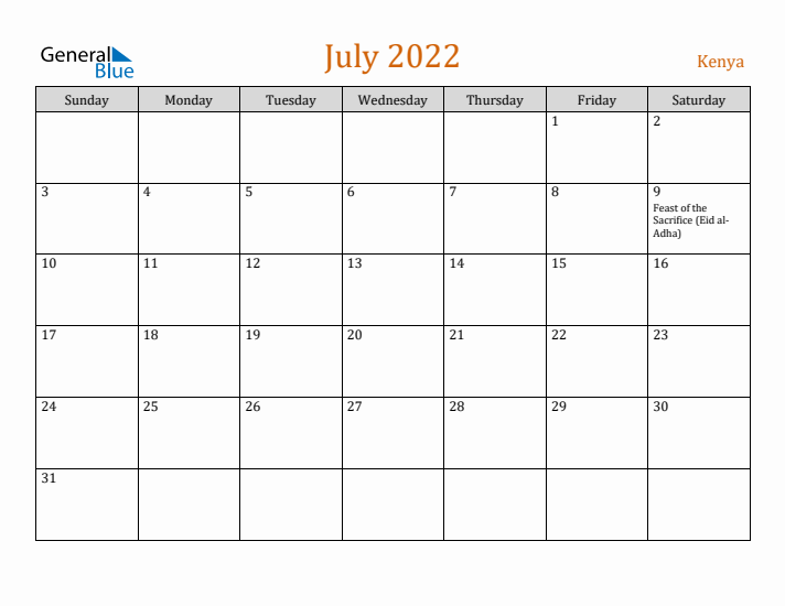 July 2022 Holiday Calendar with Sunday Start