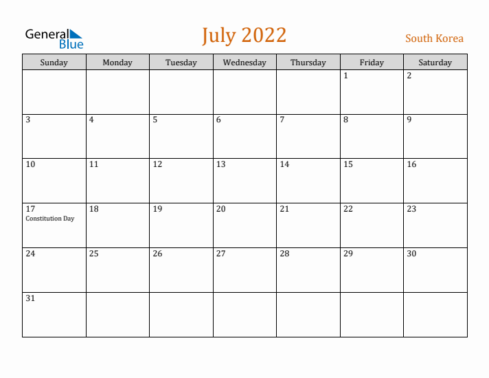 July 2022 Holiday Calendar with Sunday Start