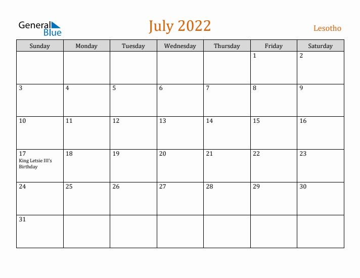 July 2022 Holiday Calendar with Sunday Start