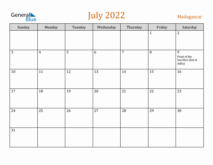 July 2022 Holiday Calendar with Sunday Start