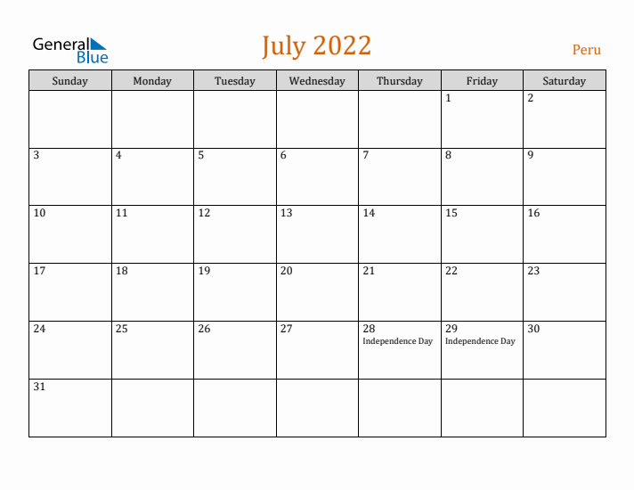 July 2022 Holiday Calendar with Sunday Start