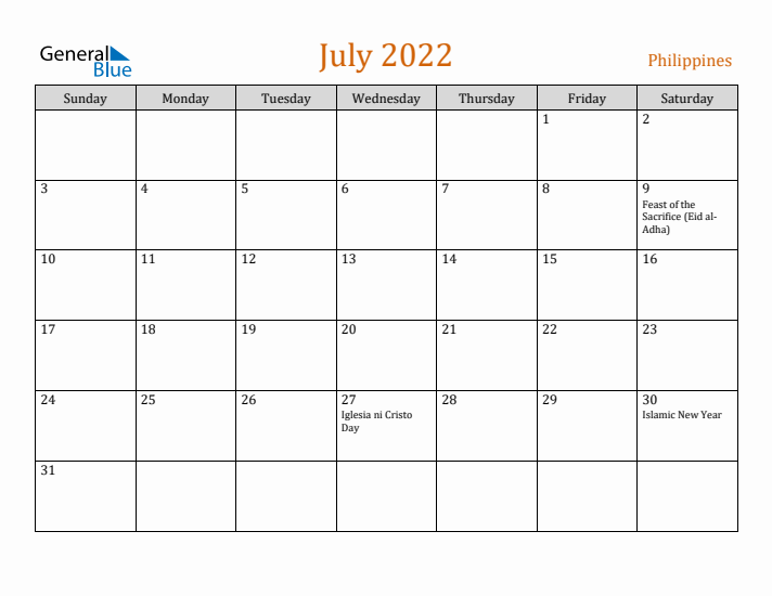 July 2022 Holiday Calendar with Sunday Start