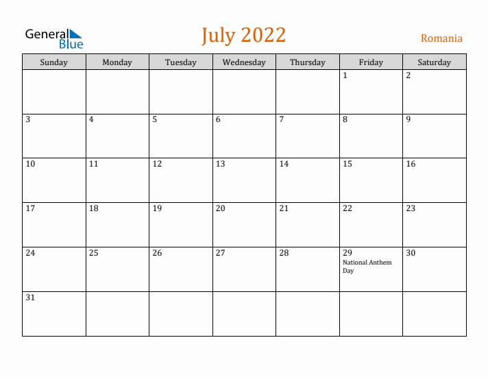 July 2022 Holiday Calendar with Sunday Start