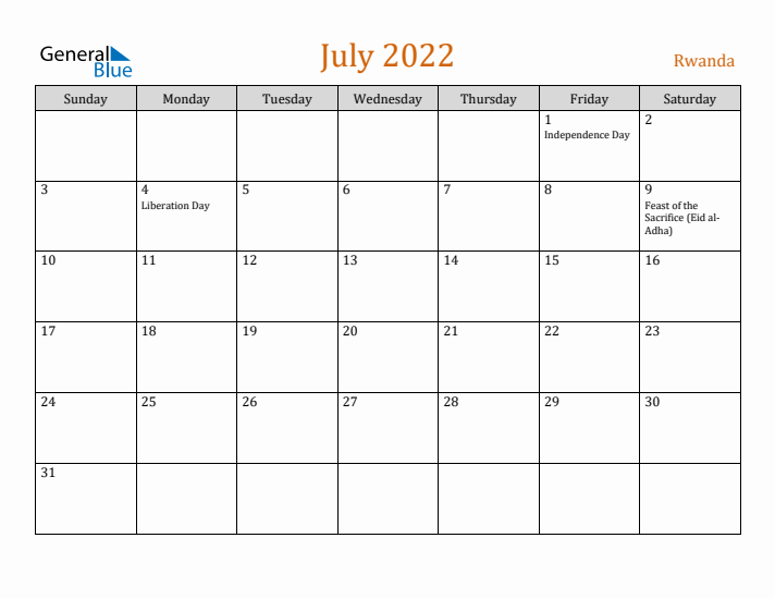 July 2022 Holiday Calendar with Sunday Start