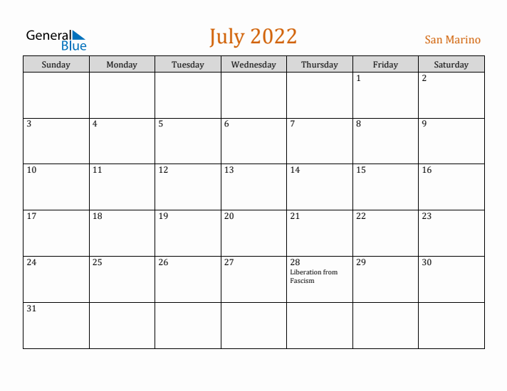 July 2022 Holiday Calendar with Sunday Start