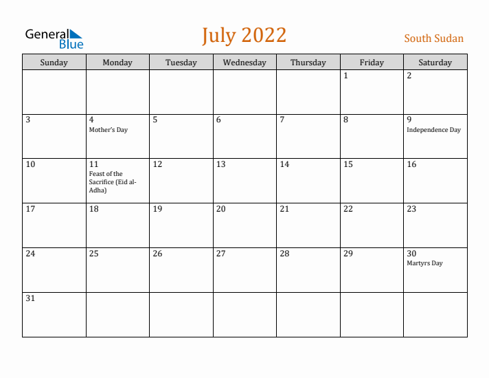 July 2022 Holiday Calendar with Sunday Start