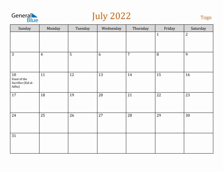 July 2022 Holiday Calendar with Sunday Start