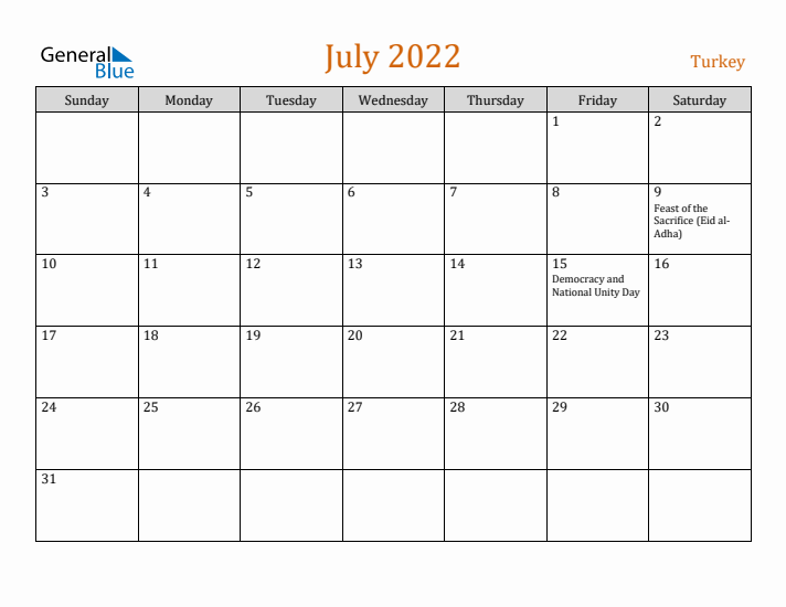 July 2022 Holiday Calendar with Sunday Start