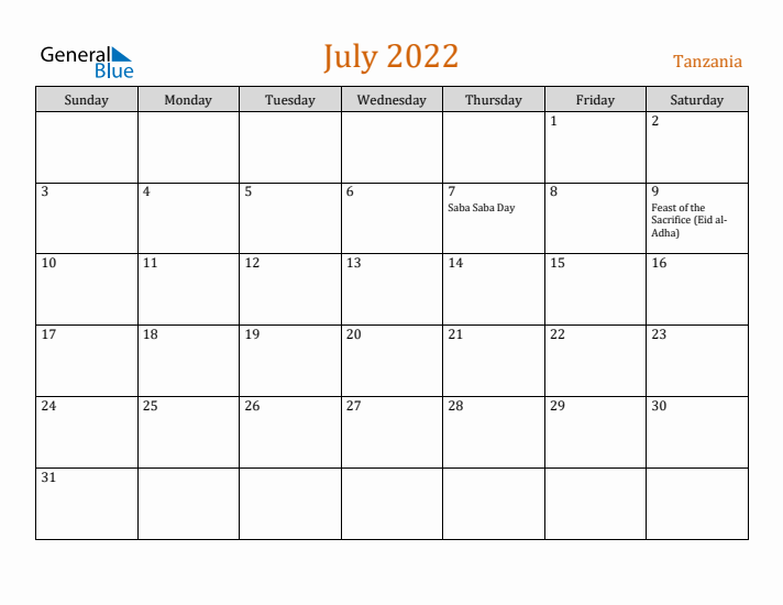 July 2022 Holiday Calendar with Sunday Start