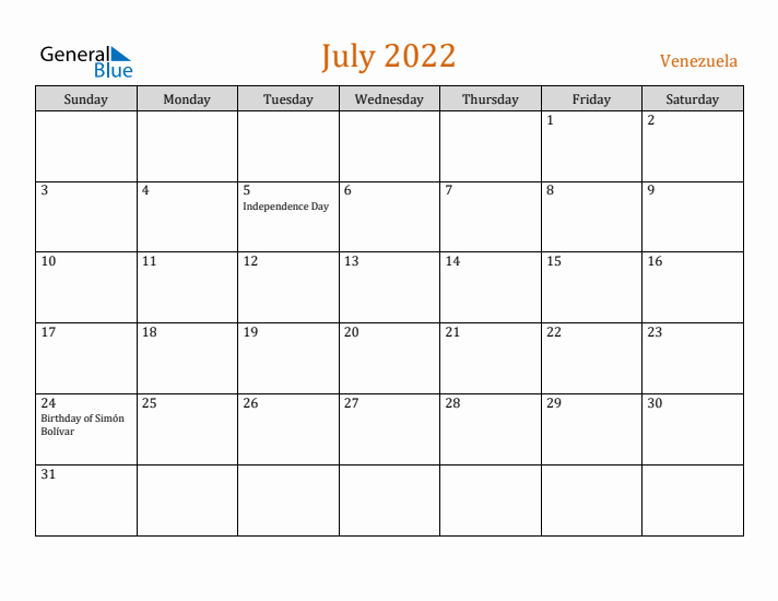 July 2022 Holiday Calendar with Sunday Start