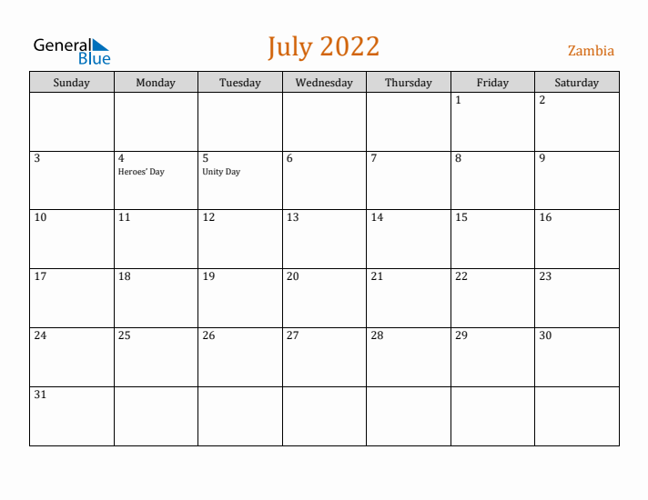 July 2022 Holiday Calendar with Sunday Start