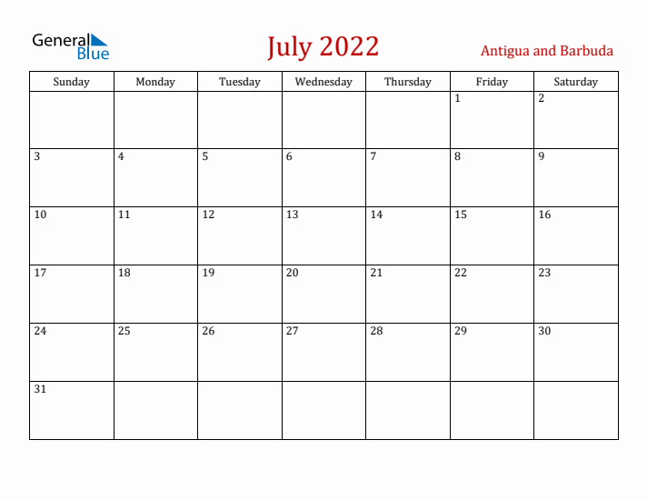 Antigua and Barbuda July 2022 Calendar - Sunday Start