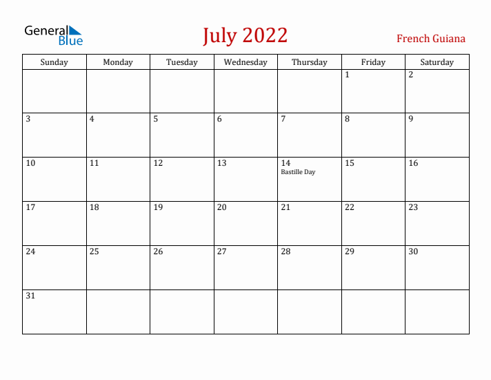 French Guiana July 2022 Calendar - Sunday Start