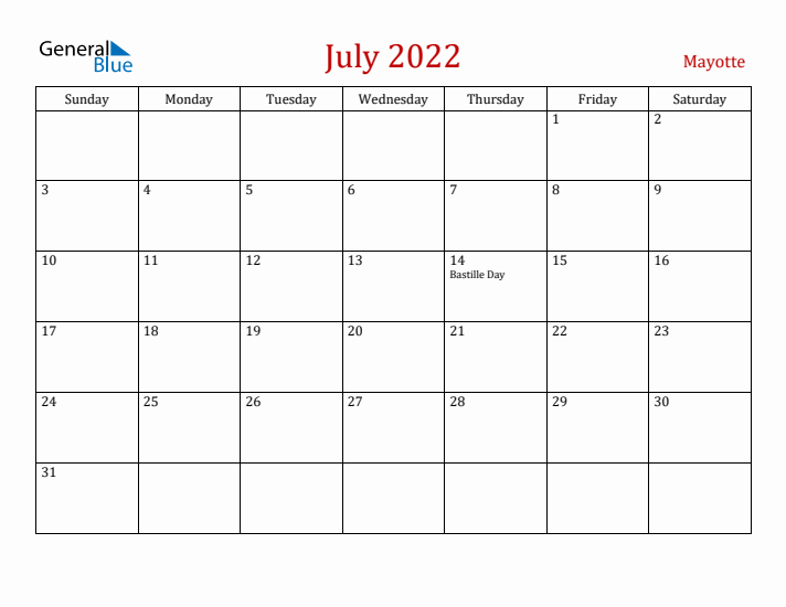 Mayotte July 2022 Calendar - Sunday Start