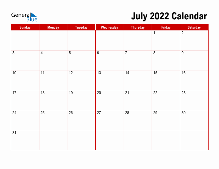 Simple Monthly Calendar - July 2022