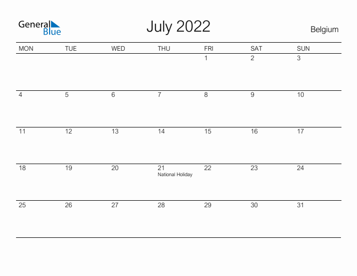 Printable July 2022 Calendar for Belgium