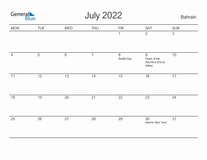 Printable July 2022 Calendar for Bahrain