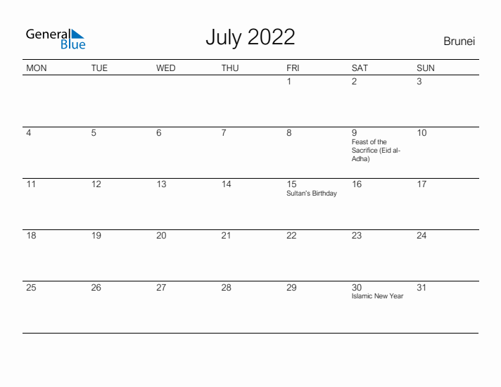 Printable July 2022 Calendar for Brunei