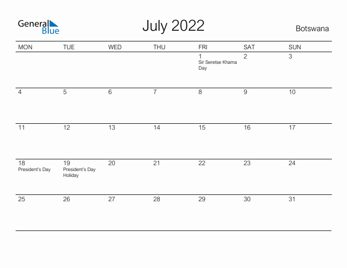 Printable July 2022 Calendar for Botswana