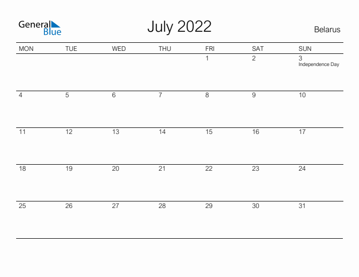 Printable July 2022 Calendar for Belarus