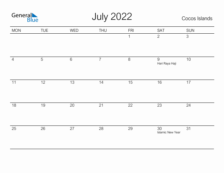 Printable July 2022 Calendar for Cocos Islands