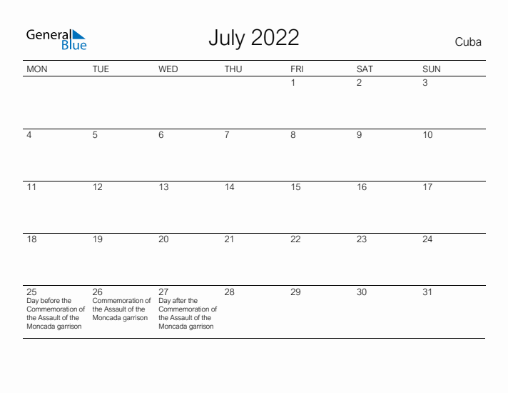 Printable July 2022 Calendar for Cuba