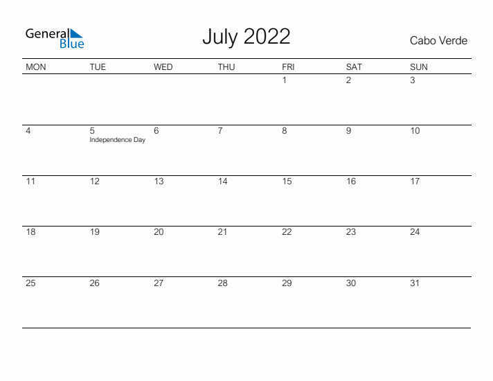 Printable July 2022 Calendar for Cabo Verde