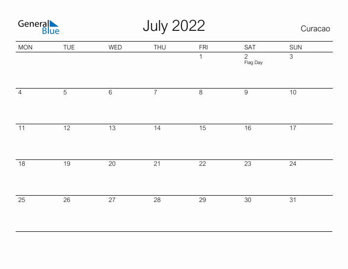 Printable July 2022 Calendar for Curacao