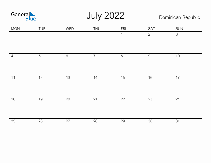 Printable July 2022 Calendar for Dominican Republic