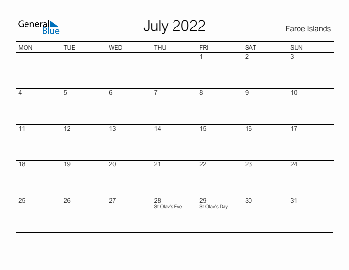 Printable July 2022 Calendar for Faroe Islands