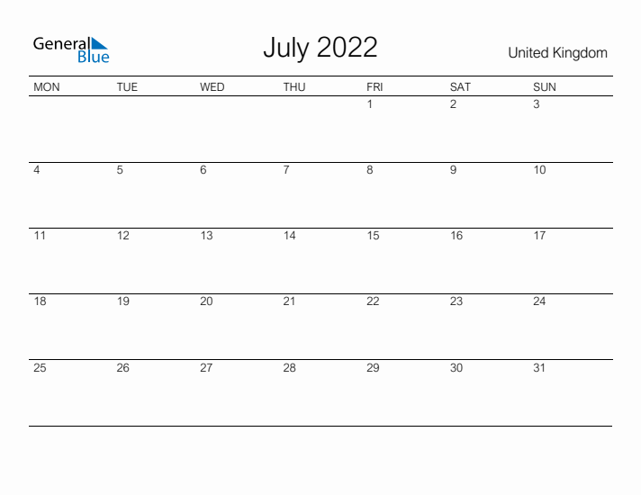 Printable July 2022 Calendar for United Kingdom