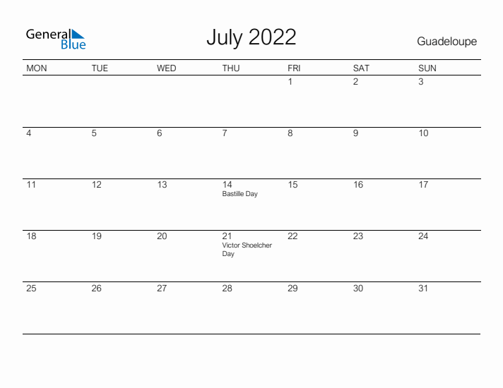 Printable July 2022 Calendar for Guadeloupe