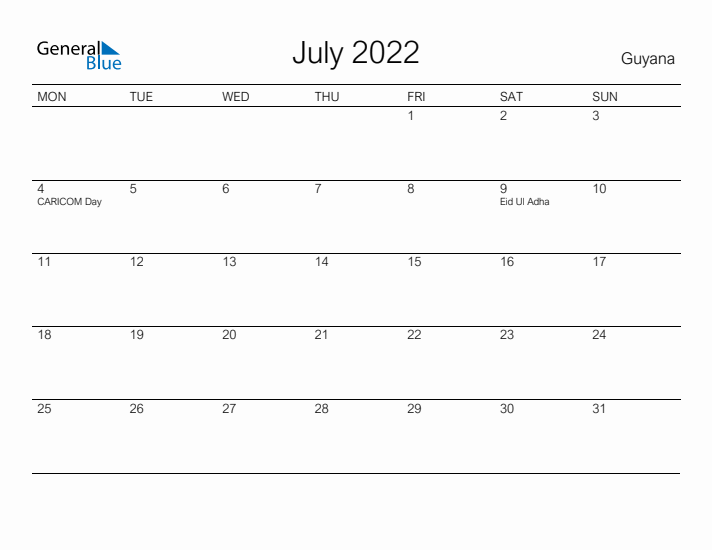 Printable July 2022 Calendar for Guyana