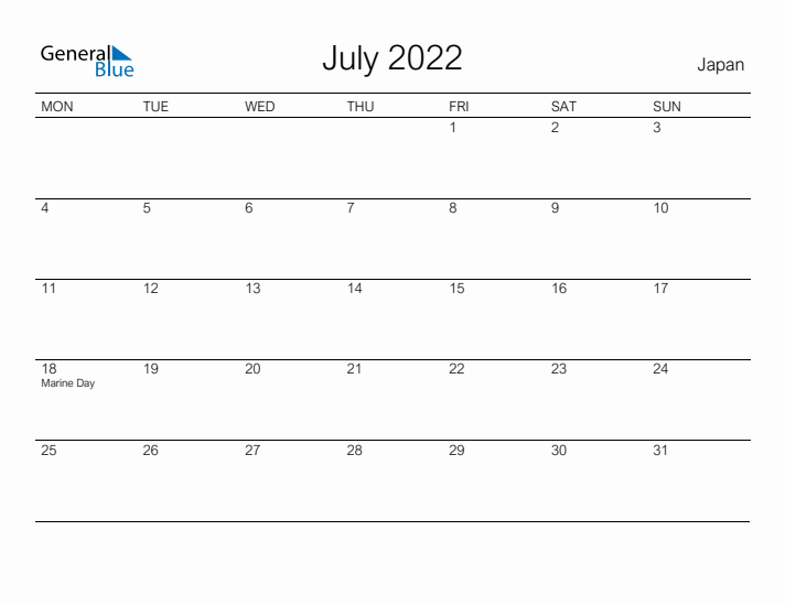 Printable July 2022 Calendar for Japan