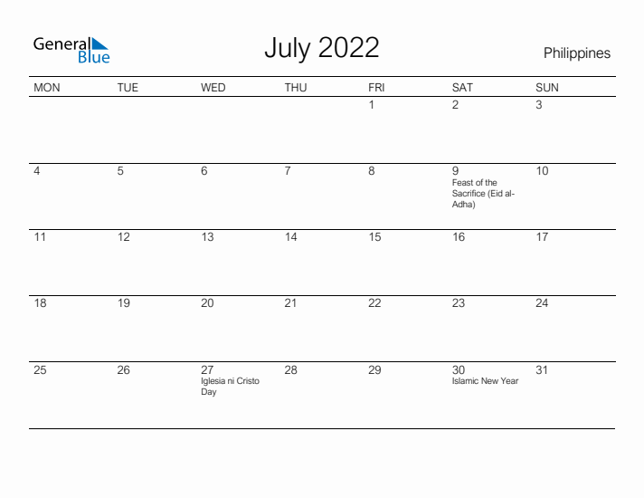 Printable July 2022 Calendar for Philippines