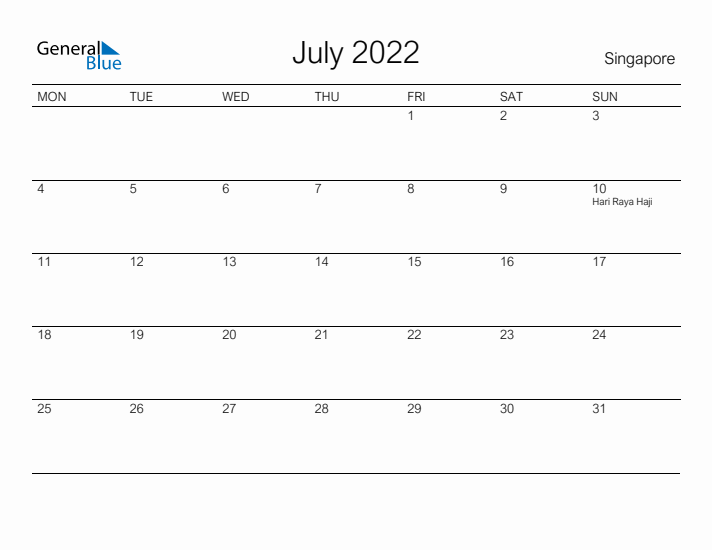 Printable July 2022 Calendar for Singapore