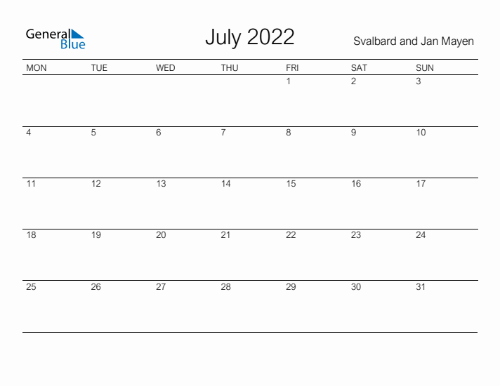 Printable July 2022 Calendar for Svalbard and Jan Mayen