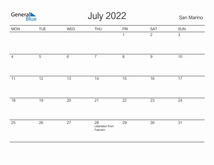 Printable July 2022 Calendar for San Marino