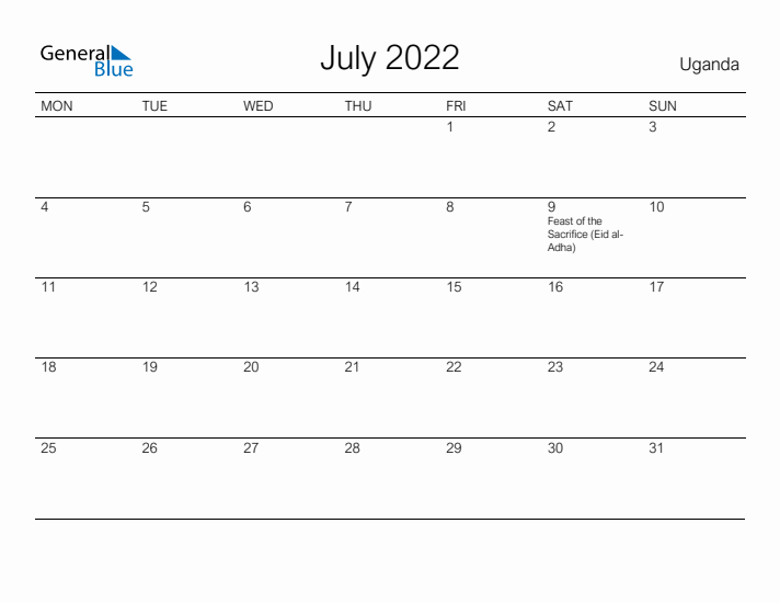 Printable July 2022 Calendar for Uganda