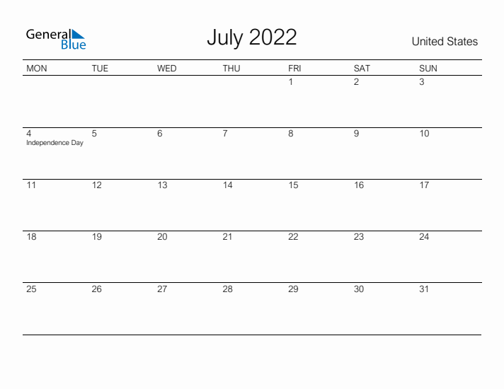 Printable July 2022 Calendar for United States