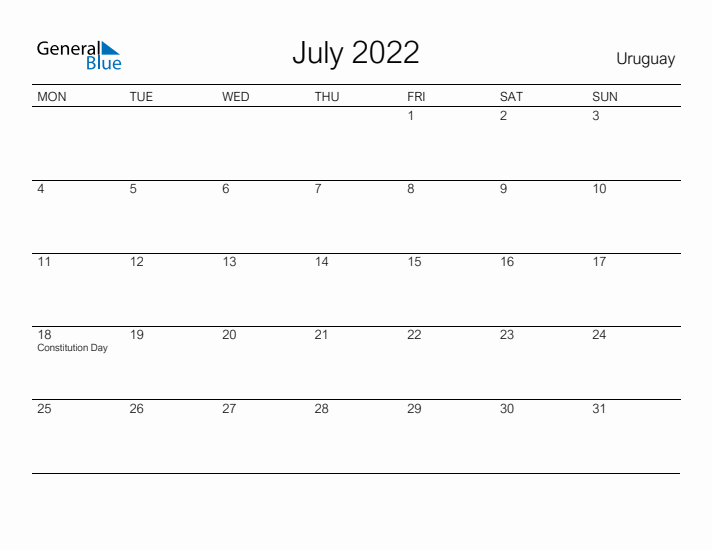 Printable July 2022 Calendar for Uruguay