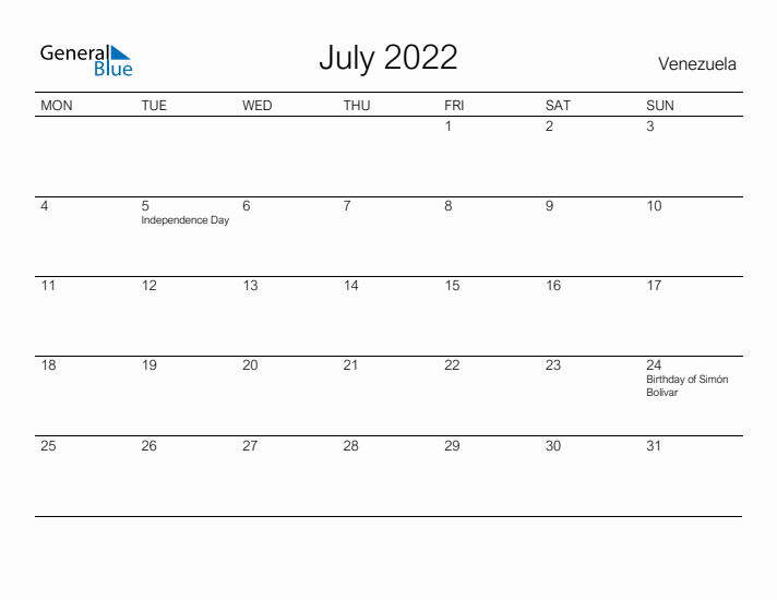 Printable July 2022 Calendar for Venezuela