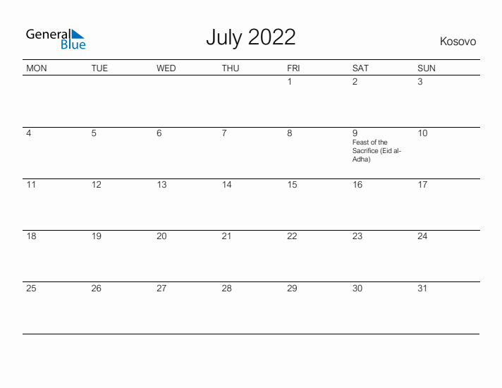 Printable July 2022 Calendar for Kosovo