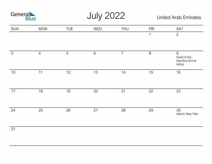 Printable July 2022 Calendar for United Arab Emirates