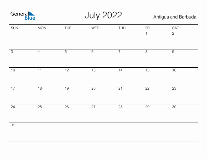 Printable July 2022 Calendar for Antigua and Barbuda